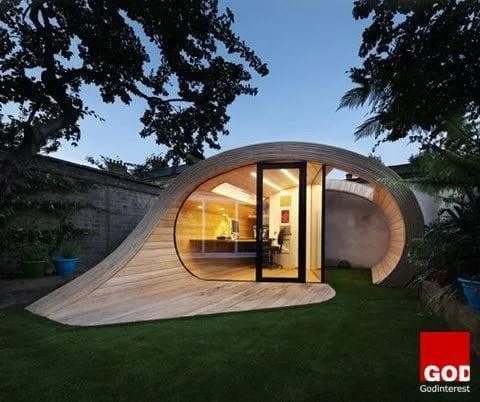 The concept behind a tiny garden pavilion in London, UK was simplified by the following equation: shed + office = Shoffice.
