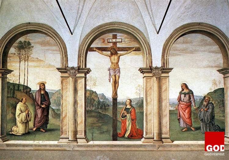 The Pazzi Crucifixion, Pietro Perugino 1494-1496, fresco, Santa Maria Maddalena dei Pazzi, Florence Italy, image source wiki art.org