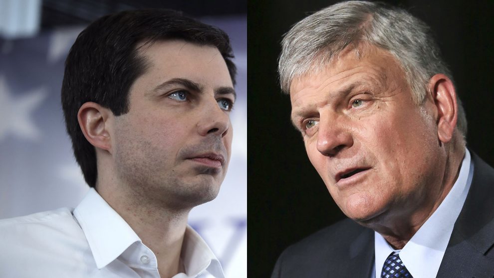 LEFT: Sound Bend, Indiana Mayor Pete Buttigieg speaks in Raymond, N.H., Saturday, Feb. 16, 2019. RIGHT: Rev. Franklin Graham speaks during an interview about his latest book in New York on May 1, 2018. (AP Photos/Charles Krupa, Bebeto Matthews/File)